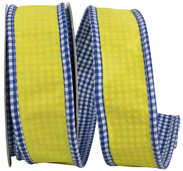 GINGHAM WRAPPED EDGE AND BACKED DUPIONI Yellow/Navy 1.5" x 5 yards - Burlap and Bling Decor