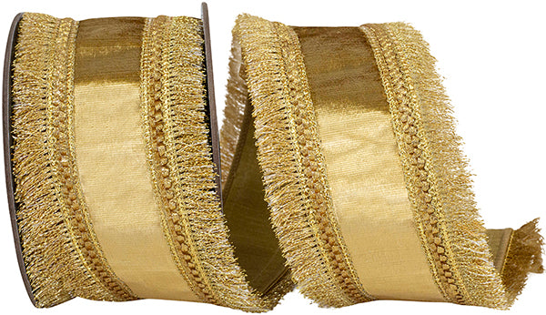 2.5" X 5 YDs Plush Velvet Fringed Trimming Deluxe Dupioni Backed Wired Ribbon, Gold - Burlap and Bling Decor