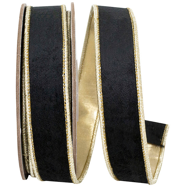 1' X 5 YRDS BLACK VELVET TOUCH DELUXE METALLIC DUPIONI BACKED WIRED RIBBON
