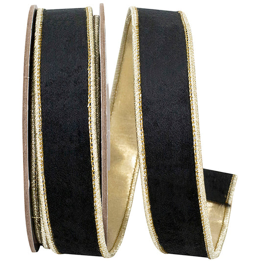 1' X 5 YRDS BLACK VELVET TOUCH DELUXE METALLIC DUPIONI BACKED WIRED RIBBON