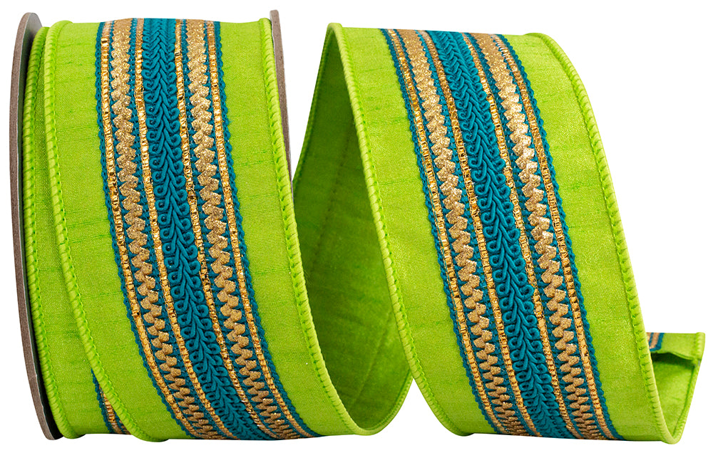 REGAL STRIPE TURQUOISE TRIMMING DUPIONI LIME/TURQUOISE 2.5" x 5 yards - Burlap and Bling Decor