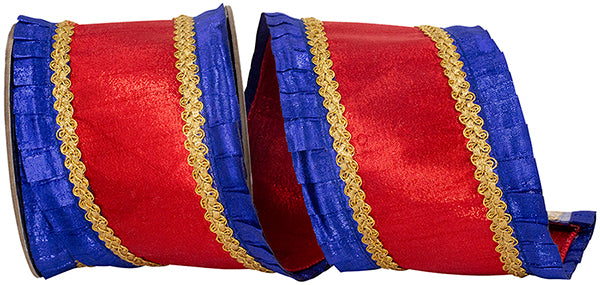 4" X 5YDS METALLIC PLEATED OVERLAY DELUXE METALLIC DUPIONI BACKED , ROYAL/RED WIRED RIBBON - Burlap and Bling Decor