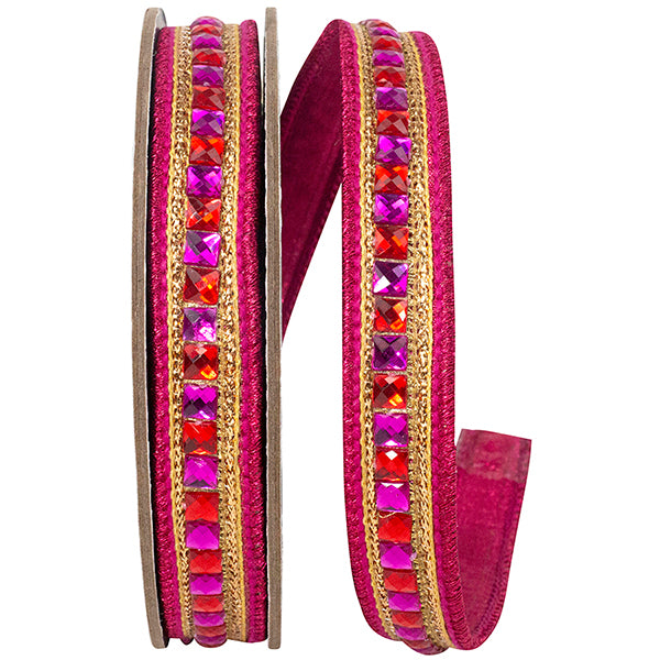 7/8" X 5YDS PINK SUMPTUOUS JEWEL ACCENT DELUXE METALLIC BACKED WIRED RIBBON - Burlap and Bling Decor