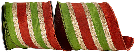 4" X 5 YDs STRIPE TRMNG OVERLAY DPNI DLX WIRED RUST/MOSS RIBBON - Burlap and Bling Decor
