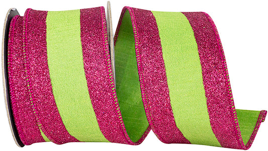 2.5" x 5 yds GLITTER STRIPED EDGING DUPIONI CITRUS/FUCHSIA - Burlap and Bling Decor