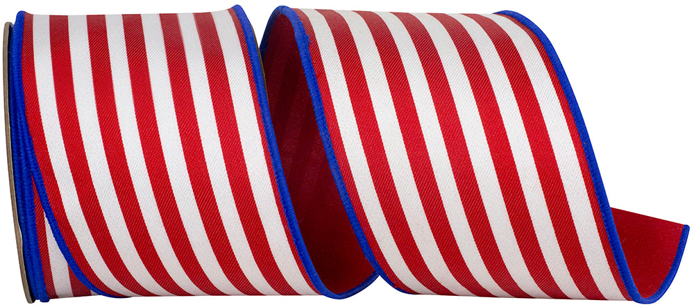 4" X 10 YARDS STRIPED TWILL DELUXE DUPIONI BACKED RIBBON RED/BLUE Wired Ribbon - Burlap and Bling Decor