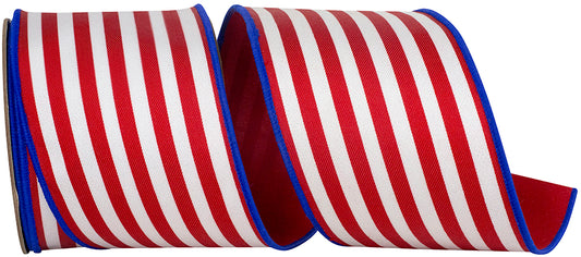4" X 10 YARDS STRIPED TWILL DELUXE DUPIONI BACKED RIBBON RED/BLUE Wired Ribbon - Burlap and Bling Decor