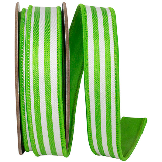 1" X 10YDS STRIPED TWILL DELUXE DUPIONI BACKED , LIME WIRED RIBBON - Burlap and Bling Decor