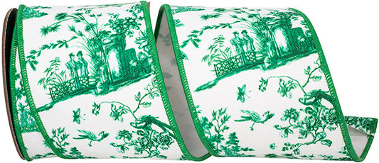 4" X 5YDs Ribbon - Asian Vista Chinoiserie Deluxe Wired Edge Ribbon, Kelly