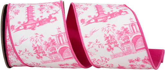 4" X 5 YARDS ASIAN VISTA CHINOISERIE DELUXE WIRED EDGE RIBBON PINK - Burlap and Bling Decor