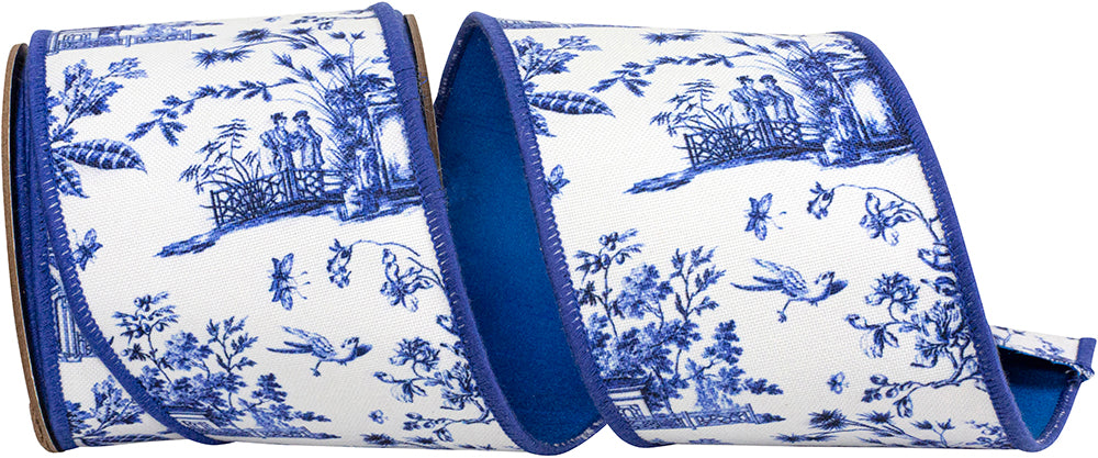 4" X 5YDS ASIAN VISTA CHINOISERIE DELUXE WIRED EDGE RIBBON BLUE