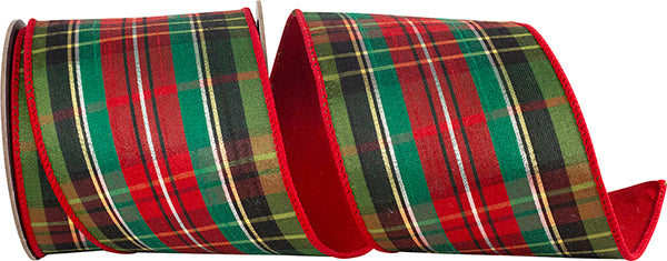 4" X 5 YRDS CLASSIC PLAID METALLIC STRIPES DELUXE DUPIONI BACKED WIRED RIBBON