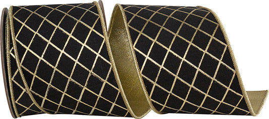 4" X 10YDs Ribbon • Diamond Stripes Deluxe Wired Edge Ribbon Black/gold