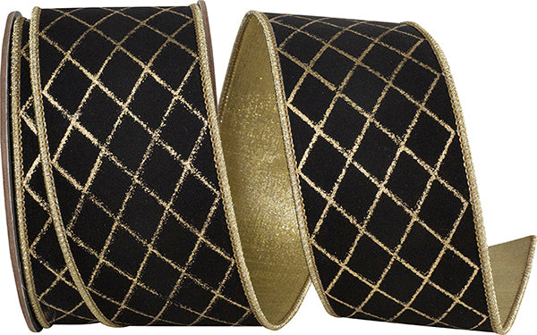 2.5" X 10 YDS Ribbon - Diamond Stripes Deluxe Wired Edge Ribbon, BLACK/GOLD