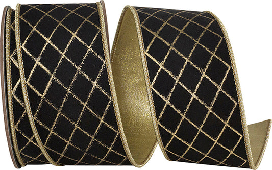 2.5" X 10 YDS Ribbon - Diamond Stripes Deluxe Wired Edge Ribbon, BLACK/GOLD
