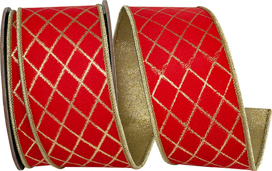 RED/GOLD DIAMOND STRIPES DELUXE WIRED EDGE 2.5"x10 yards
