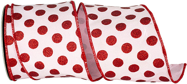 4" x 10 Yards RED POLKA DOT ON WHITE DELUXE BACKED WIRED RIBBON - Burlap and Bling Decor