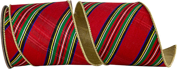 4" X 5 YRDS MULTICOLOR CLASSIC DIAGONAL PLAID DUPIONI GOLD BACKED WIRED RIBBON
