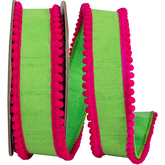 1.5" X 5 YARDS POM POM MINI EDGE TRIMMING DUPIONI DELUXE WIRED EDGE RIBBON CITRUS/FUCHSIA - Burlap and Bling Decor