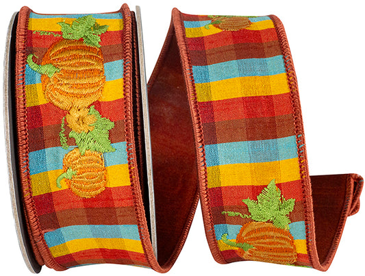 1.5" X 5 YRDS PUMPKIN EMBROIDERY TONAL PLAID DUPIONI BACKED WIRED RIBBON