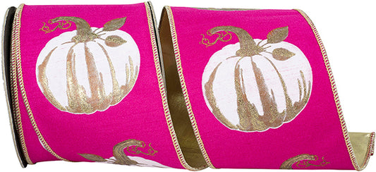 4" X 10YDS Ribbon - White Glided Pumpkin Deluxe Wired Edge Ribbon. Fuchsia