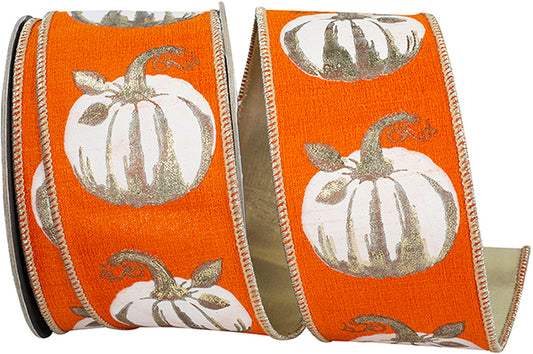 2.5" X 10 yrds WHITE GILDED PUMPKIN DELUXE WIRED RIBBON