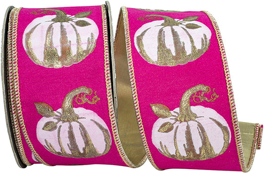 2.5" X 10YDS Ribbon - White Gilded Pumpkin Deluxe Wired Edge Ribbon, Fuchsia
