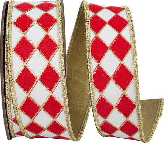 1.5" X 10YDS RED HARLEQUIN SOLID DIAMOND OUTLINE GILDED DELUXE WIRED RIBBON - Burlap and Bling Decor
