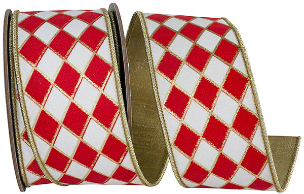 WHITE/RED HARLEQUIN SOLID DIAMOND OUTLINE GILDED DELUXE WIRED EDGE 2.5"x10 yards