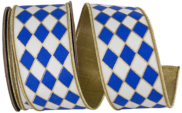 WHITE/ROYAL HARLEQUIN SOLID DIAMOND OUTLINE GILDED DELUXE WIRED EDGE 2.5"x10 yards