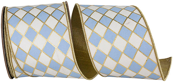 4" X 10YDS HARLEQUIN SOLID DIAMOND OUTLINE GILDED DELUXE WIRED EDGE RIBBON FRENCH BLUE WHITE - Burlap and Bling Decor