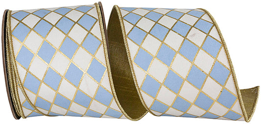 4" X 10YDS HARLEQUIN SOLID DIAMOND OUTLINE GILDED DELUXE WIRED EDGE RIBBON FRENCH BLUE WHITE - Burlap and Bling Decor
