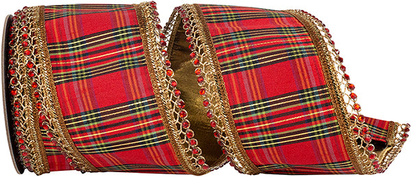 4" X 5YDs Ribbon -Jeweled Trimming Opulence Classic Plaid Deluxe Gold Backed Wired Edge Ribbon, Red