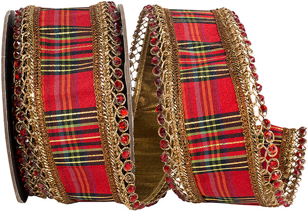 2.5" X 5YDs Ribbon • Jeweled Trimming Opulence Classic Plaid Deluxe Gold Backed Wired Edge Ribbon, Red