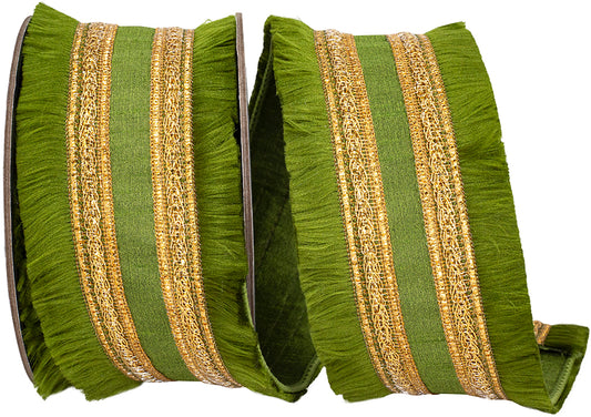 2.5" X 5 YDs Fringe Gilded Trimming Dupioni Deluxe Fused Backed Wired Ribbon, Moss, - Burlap and Bling Decor