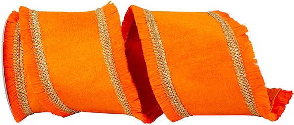 4" X 5 YARDS FRINGE TRIMMING DUPIONI DELUXE BACKED RIBBON ORANGE Wired Ribbon - Burlap and Bling Decor