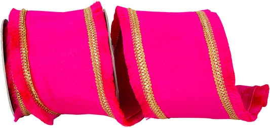 4" X 5YDS FRINGE TRIMMING DUPIONI DELUXE BACKED , FUCHSIA WIRED RIBBON - Burlap and Bling Decor