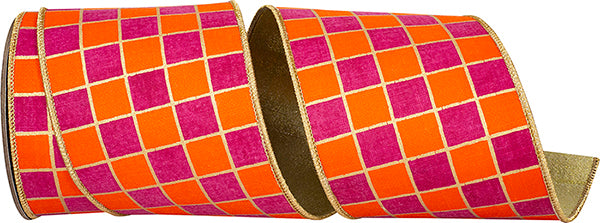 4" X 5 YARDS GILDED CHECK OUTLINED DELUXE METALLIC BACKED RIBBON ORANGE/FUCHSIA Wired Ribbon - Burlap and Bling Decor
