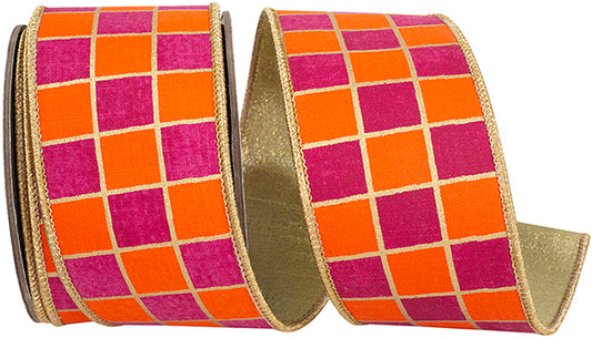 2.5"X 5YDS GILDED CHECK OUTLINED DELUXE METALLIC BACKED , ORANGE/FUCHSIA WIRED RIBBON - Burlap and Bling Decor