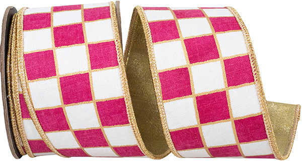 2.5" X 5 YDS GILDED CHECK OUTLINED DELUXE METALLIC BACKED , FUCHSIA/WHITE WIRED RIBBON - Burlap and Bling Decor