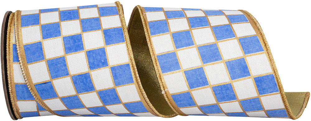 4" X 5YDS GILDED CHECK OUTLINED DELUXE METALLIC BACKED , WHITE/FRENCH BLUE WIRED RIBBON - Burlap and Bling Decor