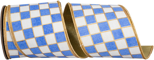 4" X 5YDS GILDED CHECK OUTLINED DELUXE METALLIC BACKED , WHITE/FRENCH BLUE WIRED RIBBON - Burlap and Bling Decor
