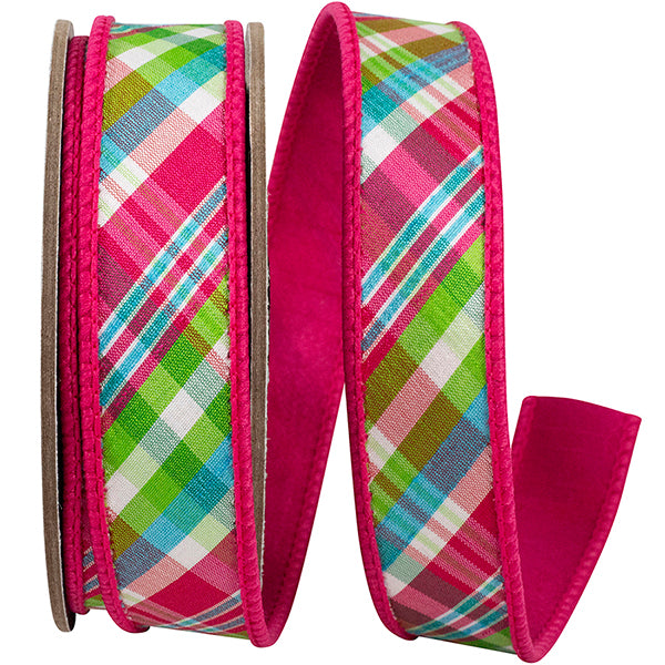 1' X 5 YARDS PLAID FESTIVITY DELUXE DUPIONI BACKED RIBBON FUCHSIA/LIME Wired Ribbon - Burlap and Bling Decor