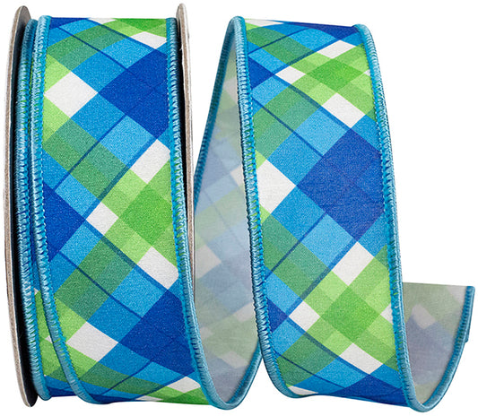 1.5" X 10 YARDS PLAID SEAWAY DELUXE BACKED RIBBON BLUE/GREEN Wired Ribbon - Burlap and Bling Decor