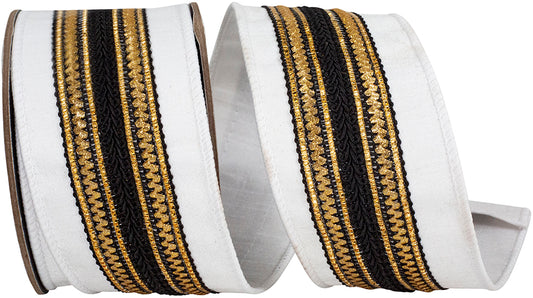 2.5" X 5 YARDS REGAL STRIPE TRIMMING DUPIONI DELUXE WHITE/BLACK - Burlap and Bling Decor