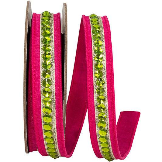 1' X 5 YARDS RHINESTONE EDGE DUPIONI DELUXE BACKED RIBBON FUCHSIA/LIME Wired Ribbon - Burlap and Bling Decor