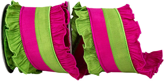 4" X 5 YARDS RUFFLE FESTIVITY DUPIONI DELUXE RIBBON CITRUS/FUCHSIA Wired Ribbon - Burlap and Bling Decor
