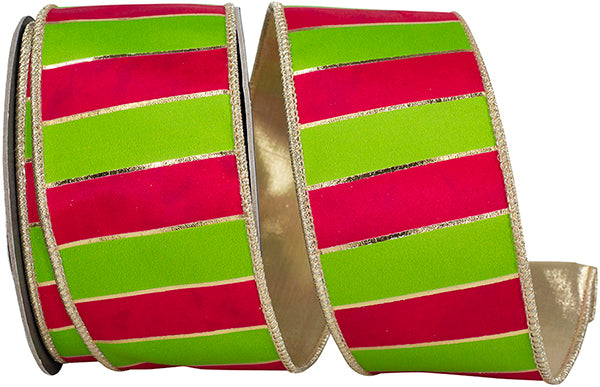2.5" X 10 YARDS STRIPED REGAL BARS DELUXE METALLIC BACKED RIBBON FUCHSIA/LIME Wired Ribbon - Burlap and Bling Decor