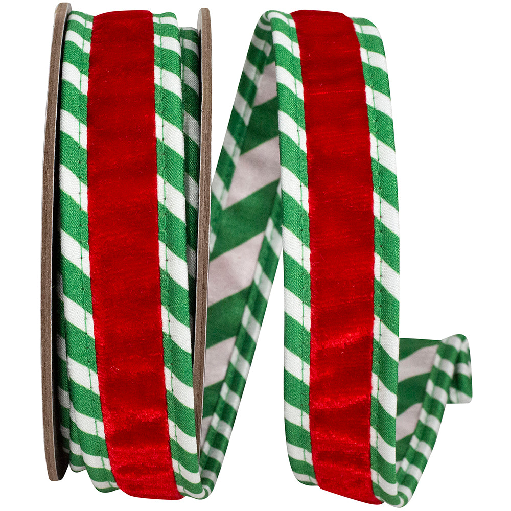 1" X 5 YARDS STRIPED TICKING PLUSH VELVET DELUXE WIRED EDGE RIBBON RED/GREEN - Burlap and Bling Decor