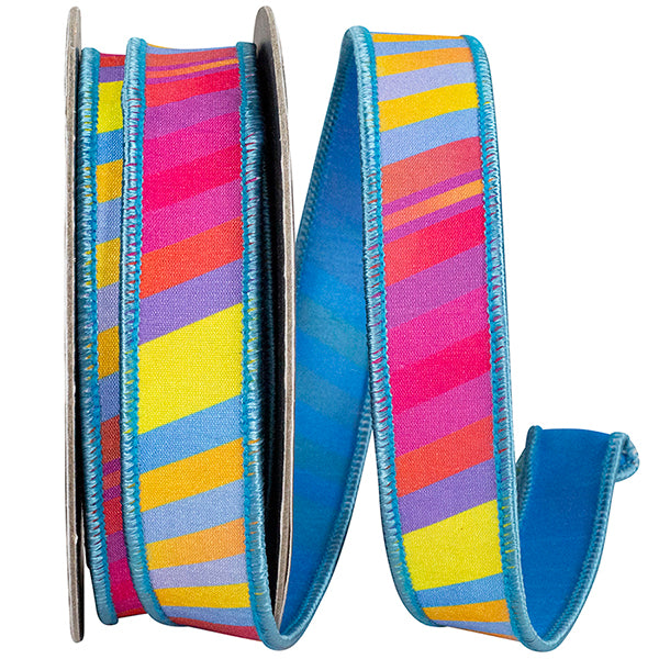 1" X 10 YARDS SURFSIDE SUNSET STRIPE DELUXE DUPIONI BACKED RIBBON MULTI COLORED Wired Ribbon - Burlap and Bling Decor